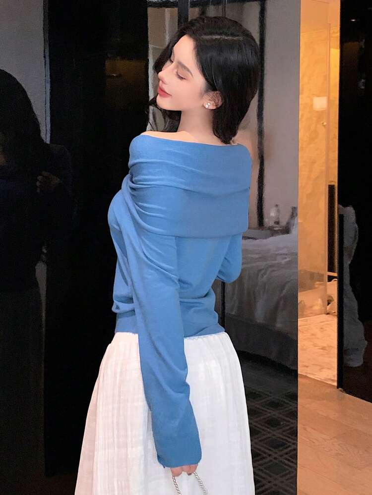 Women's Solid Color Open Shoulder Elegant Knit Sweater, Autumn/Winter Cute Tops Off The Shoulder