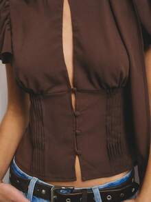 Aralina Lightweight Woven Fabric High Neck Scarf Detail Button Front Puff Sleeve Fitted Silhouette Summer Outfits For Women Going Out Tops Cute Top - Brown - View 5