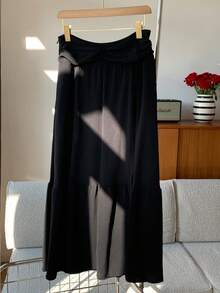 SHEIN EZwear Women's Fashionable Ruched Solid Color High Slit Long Skirt For Vacation - Black - View 3