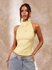 SHEIN BAE Apricot Color Backless Draped Neck Women's Tank Top, Sexy & Elegant Camisole For Spring/Summer - Yellow - View 4