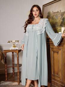 PalaceNights Embroidered Lace Vintage Palace Style Plus Size Long Nightgown + Robe Set, Winter - Green - View 4