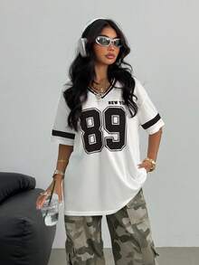 SHEIN 少女时尚宽松V领短袖T恤，针线活，字母数字印花，春夏季 - 白色 - 查看 3