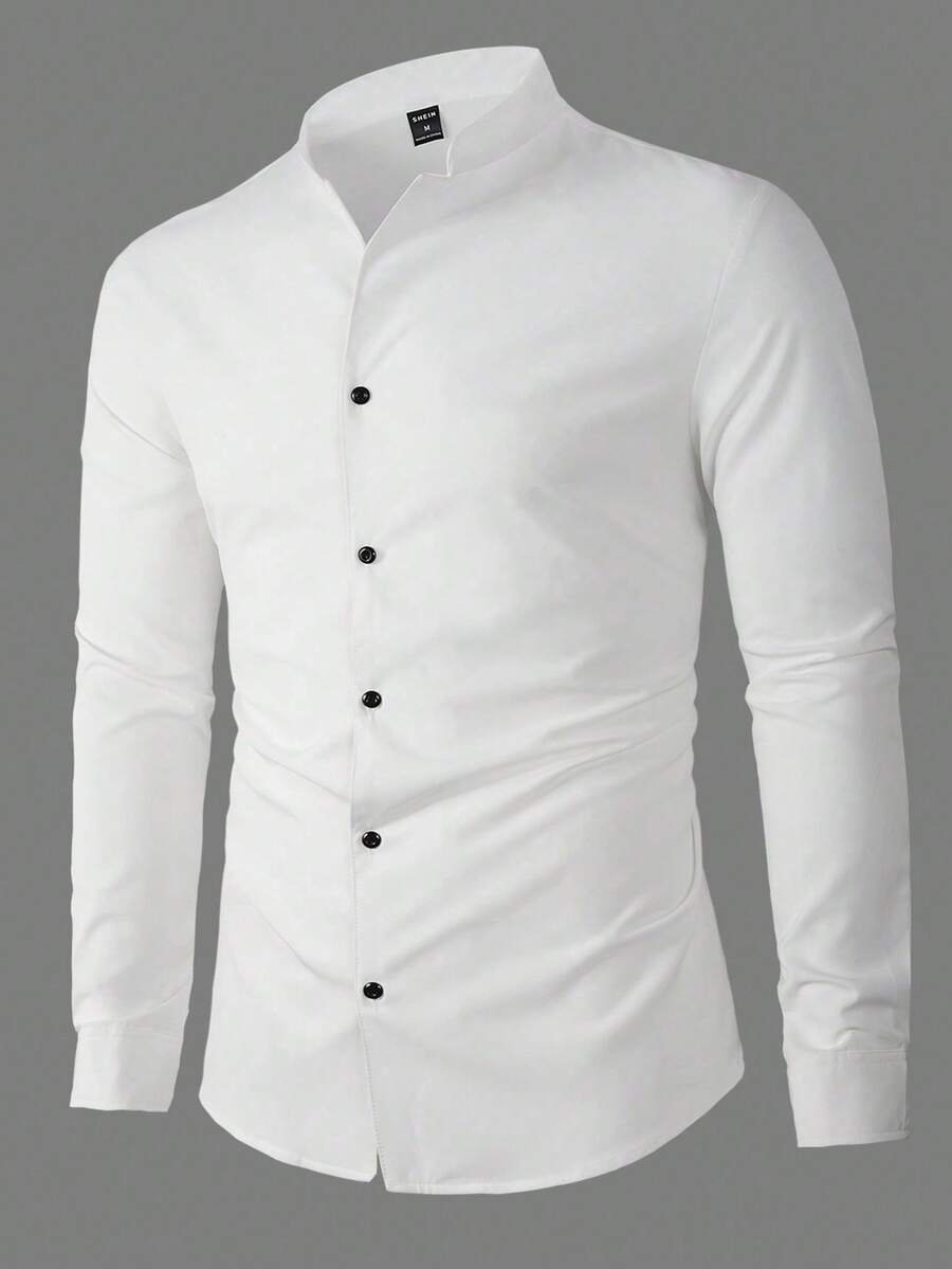 Manfinity Mode Men's Solid Color Long Sleeve Shirt, Button Up Plain All White Casual Shirt, For Fall - White - View 1