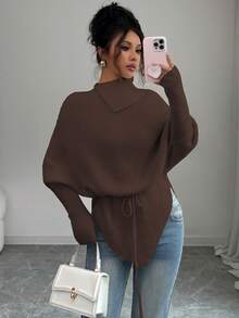 SHEIN LUNE 女式高领蝙蝠袖不对称下摆系腰毛衣 - 棕色 - 查看 3