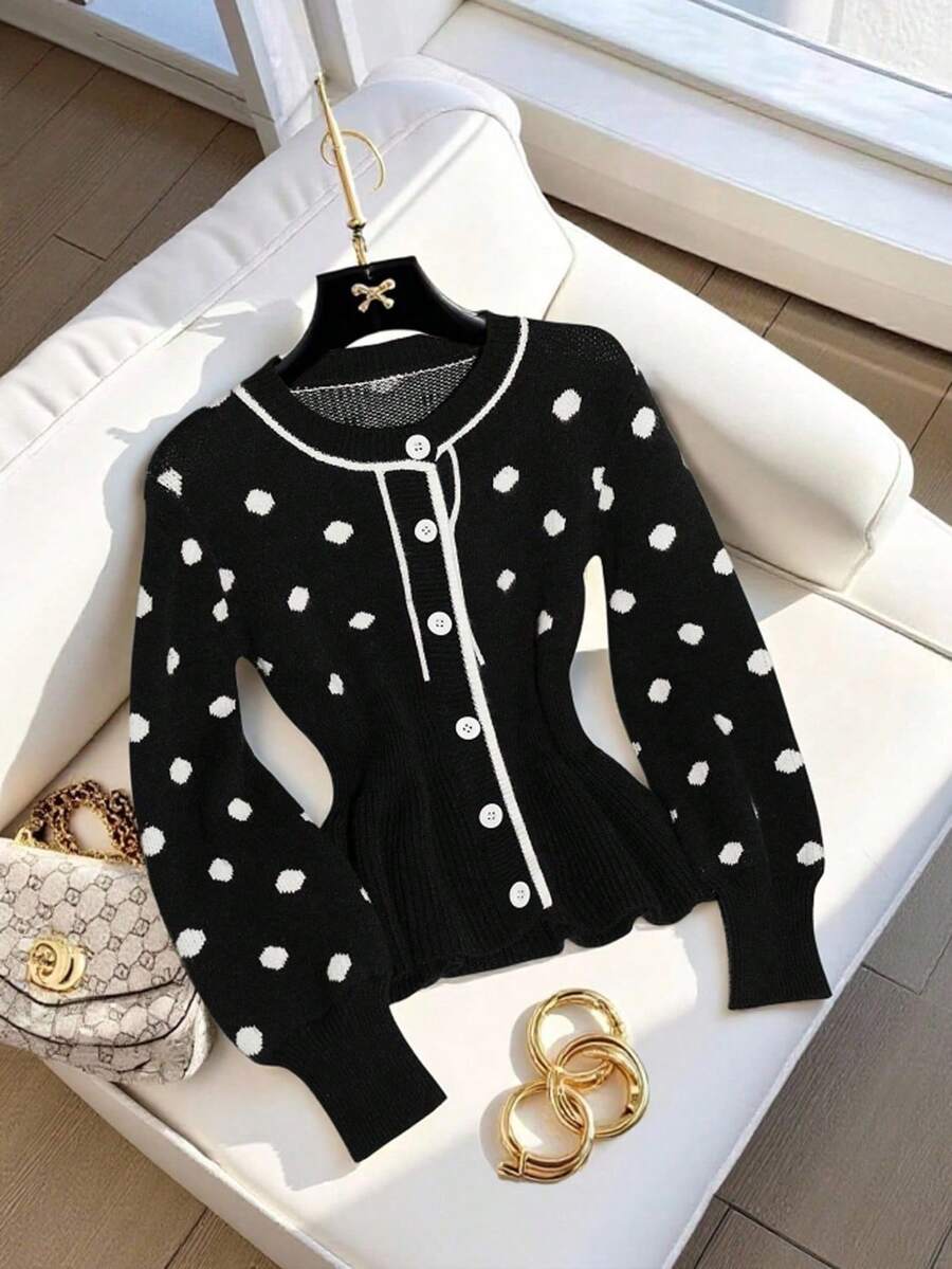 GlowEve Áo len cardigan chấm bi đen cao cấp thời trang, tay dài, thắt eo, đa năng, tối giản, áo khoác ngoài thu/đông cho nữ - màu đen - Xem 1