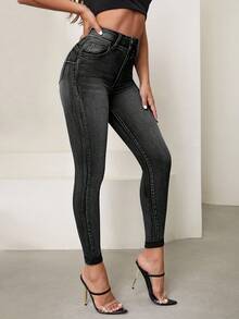 Selenza Jeans ajustados de unicolor con bolsillo y botón, versátiles y de moda - Negro - Ver 5