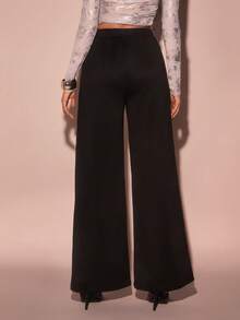 SHEIN Glamour Women's Casual Loose Fit Black Wide Leg Sweatpants, Suitable For Sports & Leisure Outfits, Outdoor Pants, Basic Black Pants Black Flare Pants - Black - View 2
