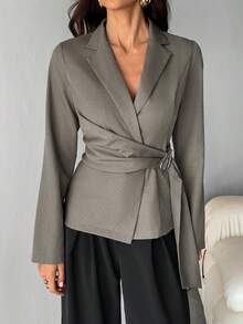 SHEIN Tall Women's Metal Decoration Brown Gray Imitation Linen Waist Suit Jacket/Fall Women Clothes/Fall Outfits Women /Fall Outfits/Back To School/Homecoming/Business Casual Woman /Old Money Style Women/Office Outfits For Women/Going Out Outfits,Fall Clothes For Women - Mocha Brown - View 10