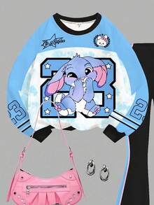 两件套少女休闲宽松兔子图案扎染天蓝色运动风23号印花卫衣和喇叭裤套装，适合秋冬季节、居家穿着、度假穿着。 - 彩色 - 查看 4