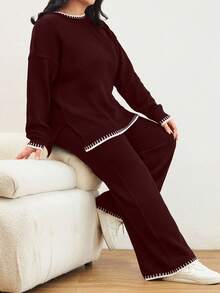 Color Block Edged Long Sleeve Sweater And Knitted Pants Two Pieces Set - Burgundy - View 6