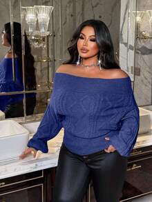 NU&NOW Áo len dệt kim màu trơn hở vai cỡ lớn cho nữ - Màu xanh lam - Xem 3