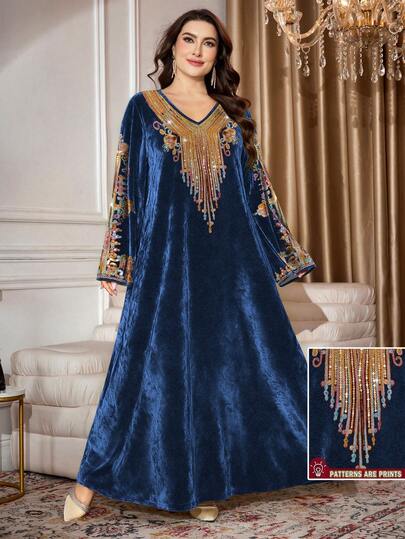 SHEIN Najma Plus Size Women's Vintage Colorful Floral Pattern Patchwork Print V-Neck Long Sleeve Elegant Velvet Maxi Dress, Spring/Autumn