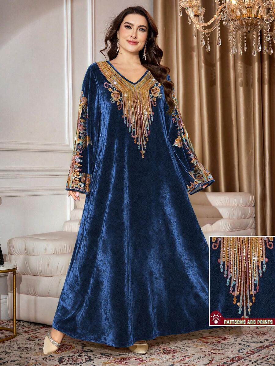 SHEIN Najma 大码女式复古彩色花卉图案拼接印花V领长袖优雅丝绒长裙，春秋季 - 彩色 - 查看 1