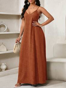 SHEIN Lady Rust Boho Holiday Vacation Summer Holiday Maxi Dress,Linen Backless Loose Strapless Halter Top Birthday&Event Beach Sun Dress With Pockets - Rust Brown - View 6