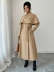 GlowEve 女士优雅收腰羊毛混纺长款开衫外套，适合外出穿着，长袖，后摆加长设计，秋冬季款 - 卡其色 - 查看 3