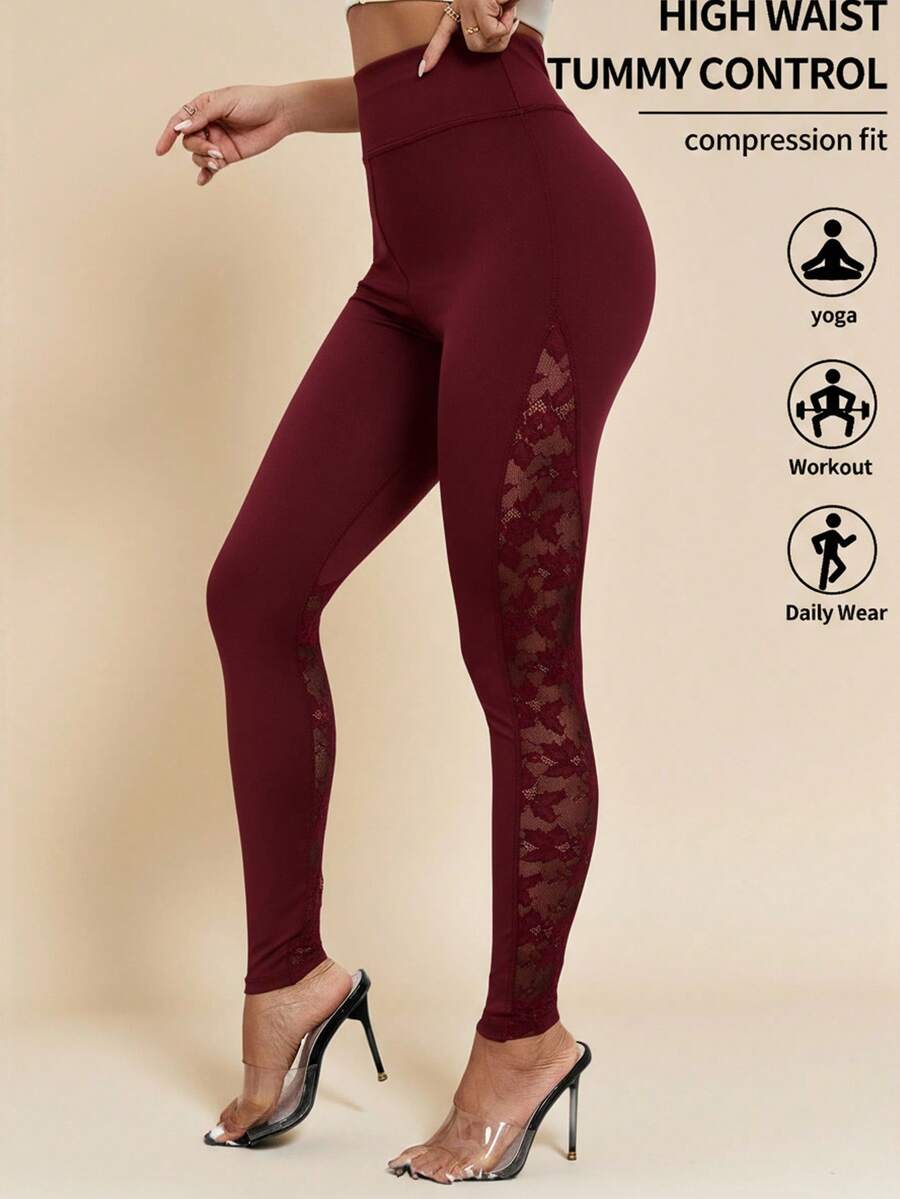 Amorya Women's Solid Color High Waist Contrast Lace Leggings - Maroon - View 1