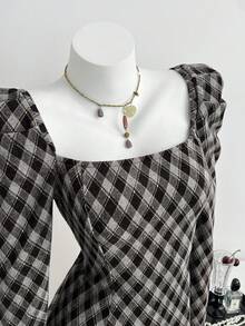 Elamini 女士棕色格子A字收腰短款连衣裙，长袖方领，学院风百搭休闲装，适合日常、办公、外出、约会、秋冬季、返校季、毕业季等场合。 - 咖啡棕 - 查看 5