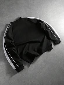 Manfinity Homme Men's Striped Crew Neck Raglan Long Sleeve Casual Fleece Pullover Sweatshirt, Autumn/Winter Men Tops Long Sleeve Men Jogging Suits Men Sport Clothes - Black - View 2