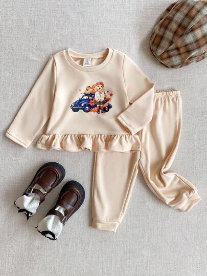 Joliand Joliand 2 piezas Conjunto de niña bebé de sudadera de cuello redondo de manga larga con gráfico de calabaza y cachorro, y pantalones, en color albaricoque, elegante y urbano, adecuado para uso diario casual, salidas, reuniones, otoño e invierno