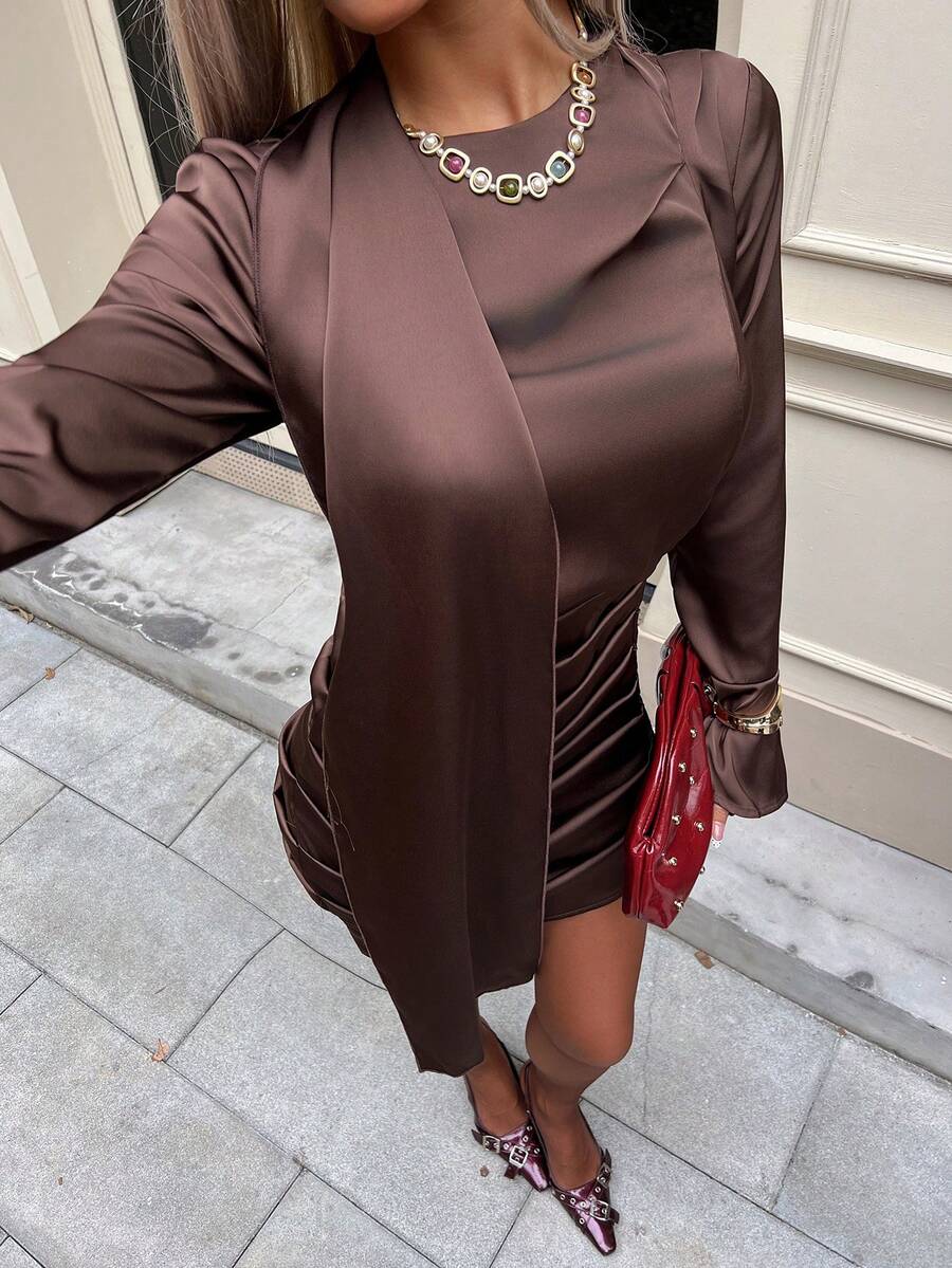 Siren Gaze Rochie de damă din satin de culoare solidă, cu guler drapat, cu volane, plisată, cu mânecă lungă, rochie vintage elegantă pentru doamne, rochie de seară, ținută de Anul Nou, Ziua Îndrăgostiților, întâlnire romantică, rochie luxoasă - imagine 7