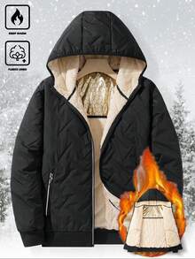 Manfinity Homme Men's Long Sleeve Autumn/Winter Hooded Black Padded Coat, Reflective Zipper, Embossed, Thermal Lining, Casual Loose Quilted Padded Coat , Men Outerwear - Black - View 1