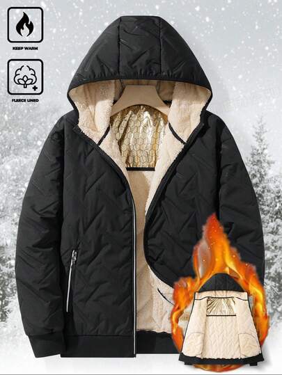 Manfinity Homme Men's Long Sleeve Autumn/Winter Hooded Black Padded Coat, Reflective Zipper, Embossed, Thermal Lining, Casual Loose Quilted Padded Coat , Men Outerwear