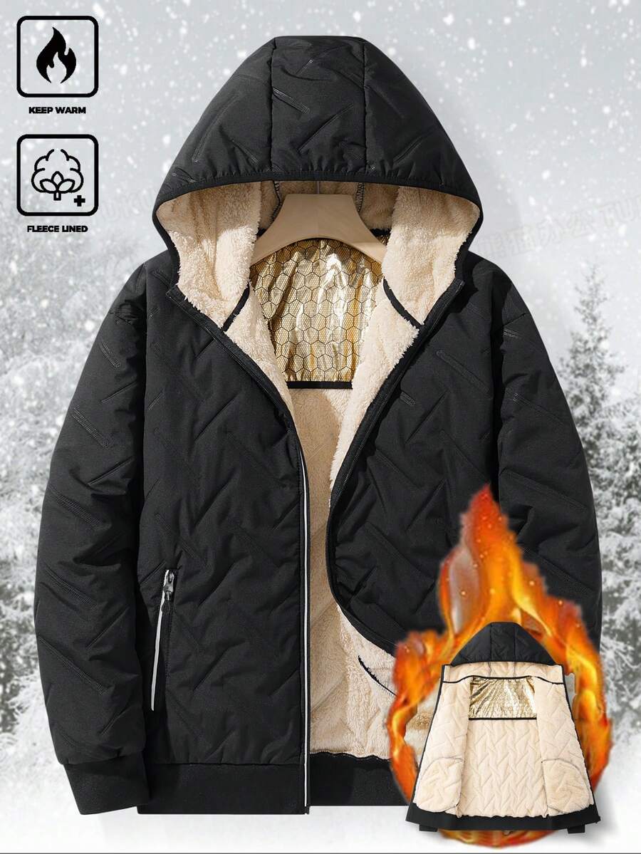 Manfinity Homme Men's Long Sleeve Autumn/Winter Hooded Black Padded Coat, Reflective Zipper, Embossed, Thermal Lining, Casual Loose Quilted Padded Coat , Men Outerwear - Black - View 1