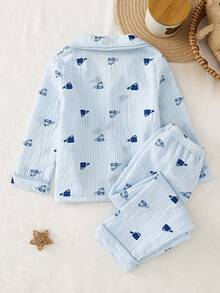 Young Boys Pajamas-Pajama Set Button Front Long Sleeve Collar Shirt Long Pants Cartoon Car Print Blue White Striped Loungewear All Season 2026 New Year Essential Versatile And Comfortable Warm And Cute Style - Multicolor - View 2