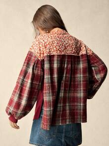 Women's Fabric Patchwork Lantern Sleeve Retro Casual Sweatshirt Patchwork Top Burgundy Blouse Fall Tops Red Checkered Top 70s Tops - Burgundy - View 3
