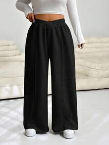 SHEIN EZwear Große Größen V-Taille Weit Geschnittene Lässig Zuhause Jogginghose, Herbst/Winter, Schwarz - Schwarz - Übersicht 1