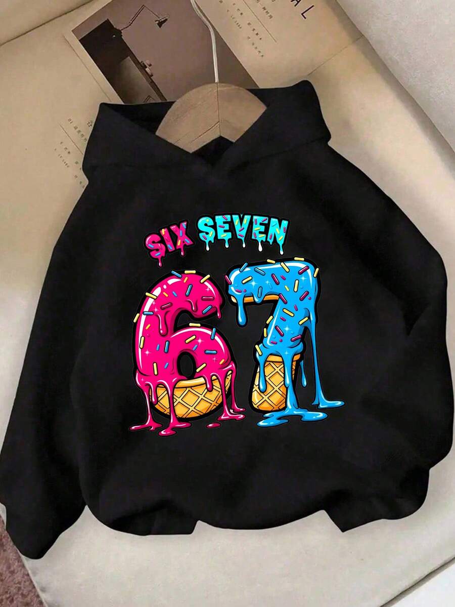 SHEIN 秋冬季少女休闲时尚创意个性化清新高端彩色67颗糖果珠字母印花舒适套头连帽卫衣,秋冬季穿着舒适 - 黑色 - 查看 1