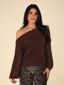 Coeurva Suéter casual y versátil de unicolor con cuello asimétrico y mangas farol - Café integral - Ver 6