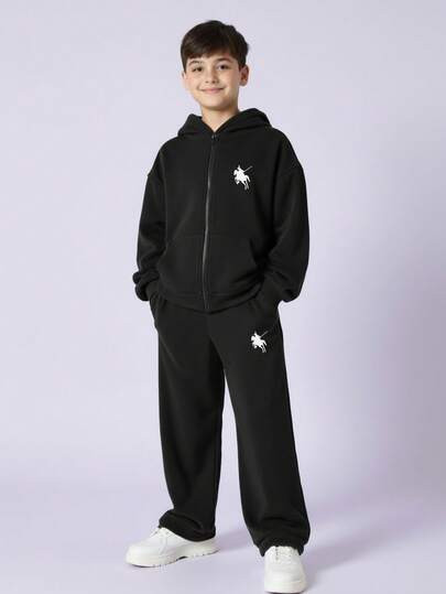 2pcs Kids/Tween Boys Casual Solid Color Hoodie Jacket And Relaxed Fit Pants Set, Comfortable For School, Garden, Beach, Birthday, Spring, Summer, Fall, Winter