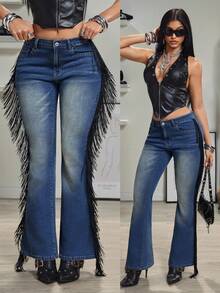 Jeanoix Women's Pocket Button Tassel Design Fashion Commuter Flare Jeans