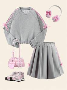 SHEIN Casuvi Kids Tween Girls Long Sleeve Loose Bow Sweatshirt & Pleated Skirt Set - Grey - View 3