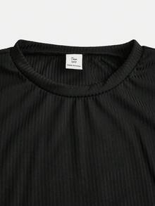 SHEIN Leap Crew 少女简约黑色长袖圆领T恤，休闲简约家居服，冬季百变风，Y2K复古风 - 黑色 - 查看 3