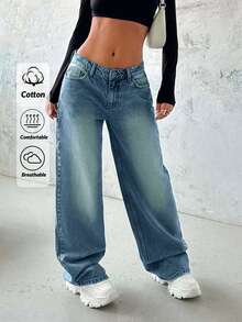EURMUSE Women's Solid Color Low Rise Loose Fit Y2K Style Jeans - Medium Wash - View 1