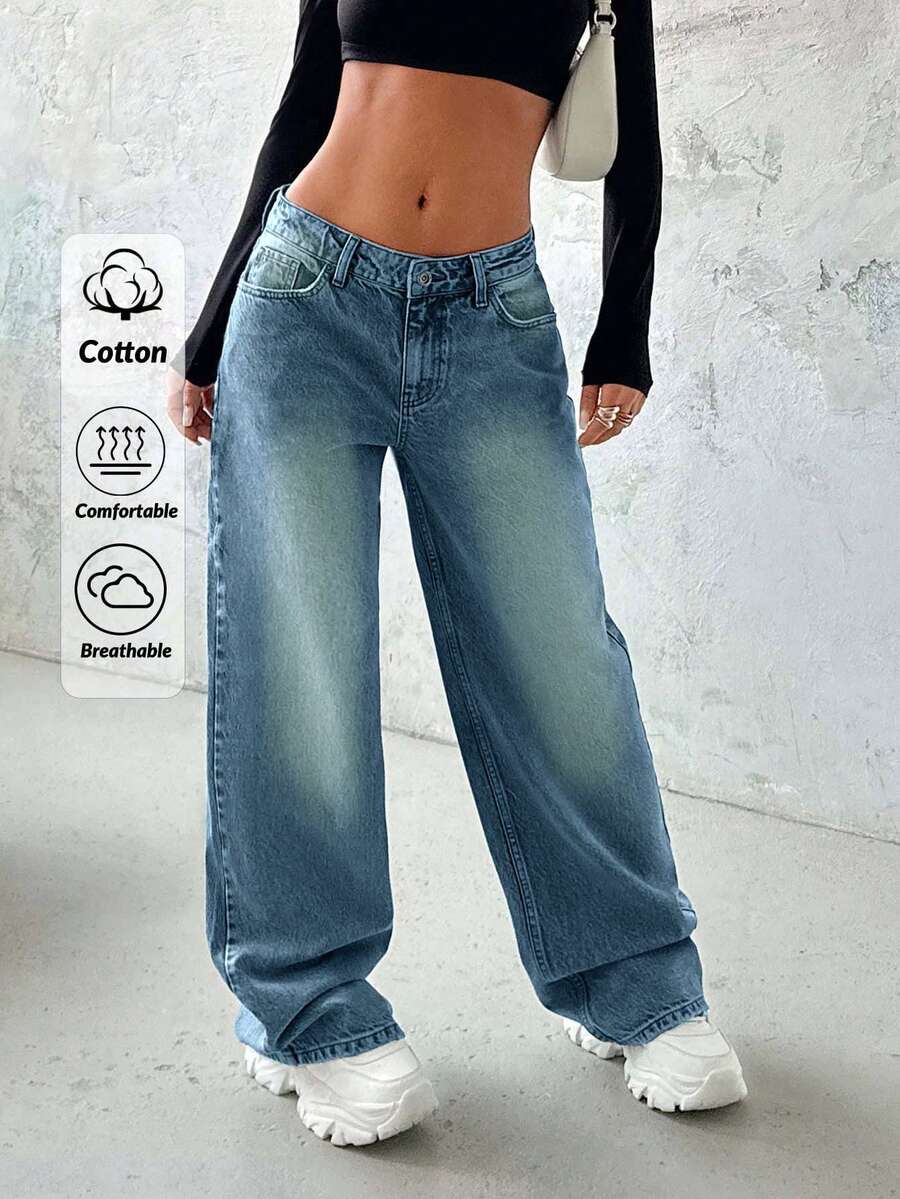 EURMUSE Women's Solid Color Low Rise Loose Fit Y2K Style Jeans - Medium Wash - View 1