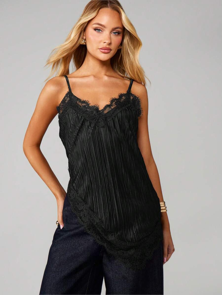 MISSGUIDED Women Lace Trim Cami Tank Top With Fringe Details Asymmetric Hem Sleeveless Blouse Summer Festival - Black - View 1