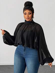 Maweii 大码女式时尚性感波点印花薄纱衬衫 - 黑色 - 查看 2