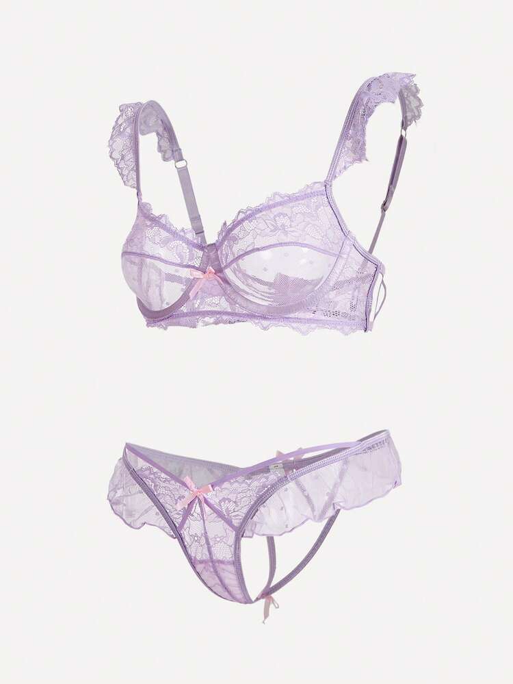 SHEIN 蕾丝荷叶边文胸和丁字裤套装，蝴蝶结装饰，性感内衣两件套，女士性感内衣套装 - 淡紫色 - 查看 2