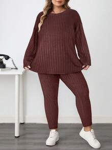 SHEIN CURVE+ 2 件套女士加大码法式返校运动装，简约纹理紧身裤和长袖上衣套装/秋冬 - 棕色 - 查看 3