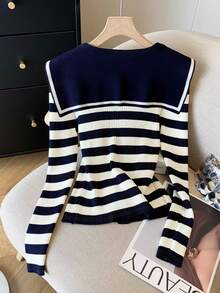 Resyla Women's Navy Collar Zebra Print Long Sleeve Casual Versatile Top - Navy Blue - View 2