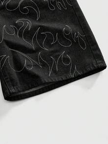 ROMWE MEN Men's Flame Pattern Pocket Loose Casual Denim Shorts - Black - View 4