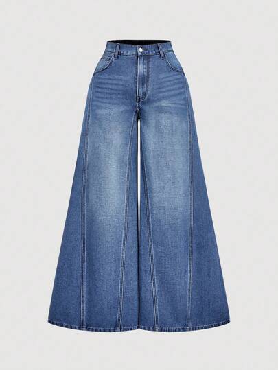 SHEIN MOD Jeans amples à jambes larges avec poches en biais, lavage décontracté, pour tous les jours, grande taille