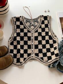 Comfortcana Chaleco de punto con botones y bajo asimétrico con estampado de cuadros para otoño/invierno - Blanco y Negro - Ver 3