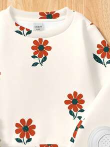 Conjunto de roupa infantil para menina, modelo suéter de malha macia com gola redonda e modelagem solta, ideal para outono/inverno, com estampa floral clássica e delicada. - Multicolorido - Ver 5