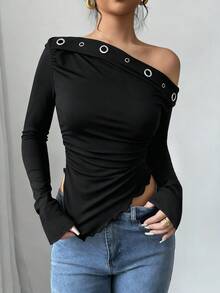 Firerie 女士优雅休闲通勤 Y2K 年轻女孩乡村音乐节演唱会露肩上衣黑色镂空装饰不对称无袖纯色针织T恤 - 黑色 - 查看 4