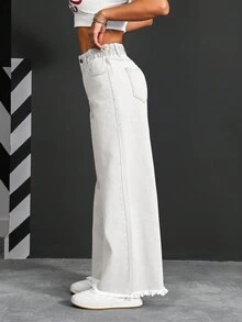 SHEIN PETITE Women's High Waist Pocketed Wide Leg Loose Casual Versatile Jeans Jeans Wide Leg Elastic Waist Jeans Women Jeans Baggy Loose Jeans Cowboy Pants For Women - White - View 4