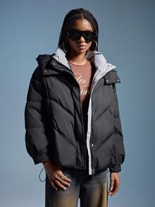 GENKIRA Áo khoác dày có mũ trùm đầu có thể tháo rời kiểu dáng thời trang mới, thiết kế khóa kéo - màu đen - Xem 5